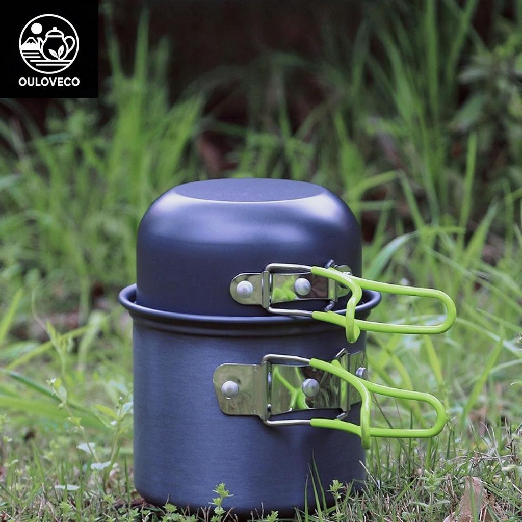 OULOVECO Camping Cookware Set Simple Version Hard Anodized Aluminum Heat Suitable for Direct Flame Includes Aluminum Cooking Stainless Steel Dishes