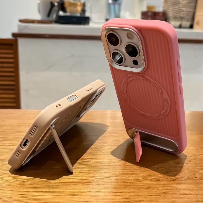 Luxury Stripe With Folding Bracket Plain Phone Case For iPhone 16 15 14 13 12 11 Pro Max Magnetic For Magsafe Wireless Charging