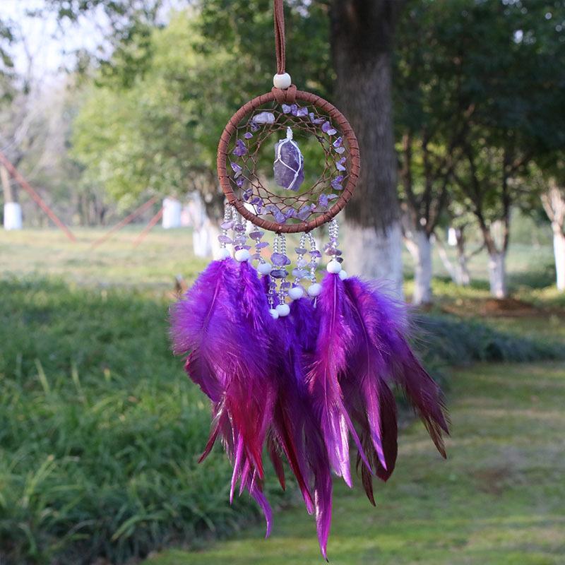 Natural Crystal Handmade Dream Catcher with Feathers Amethyst Citrine Lapis Lazuli Red Agate Raw Chip Stone Car Hanging Ornament аметист