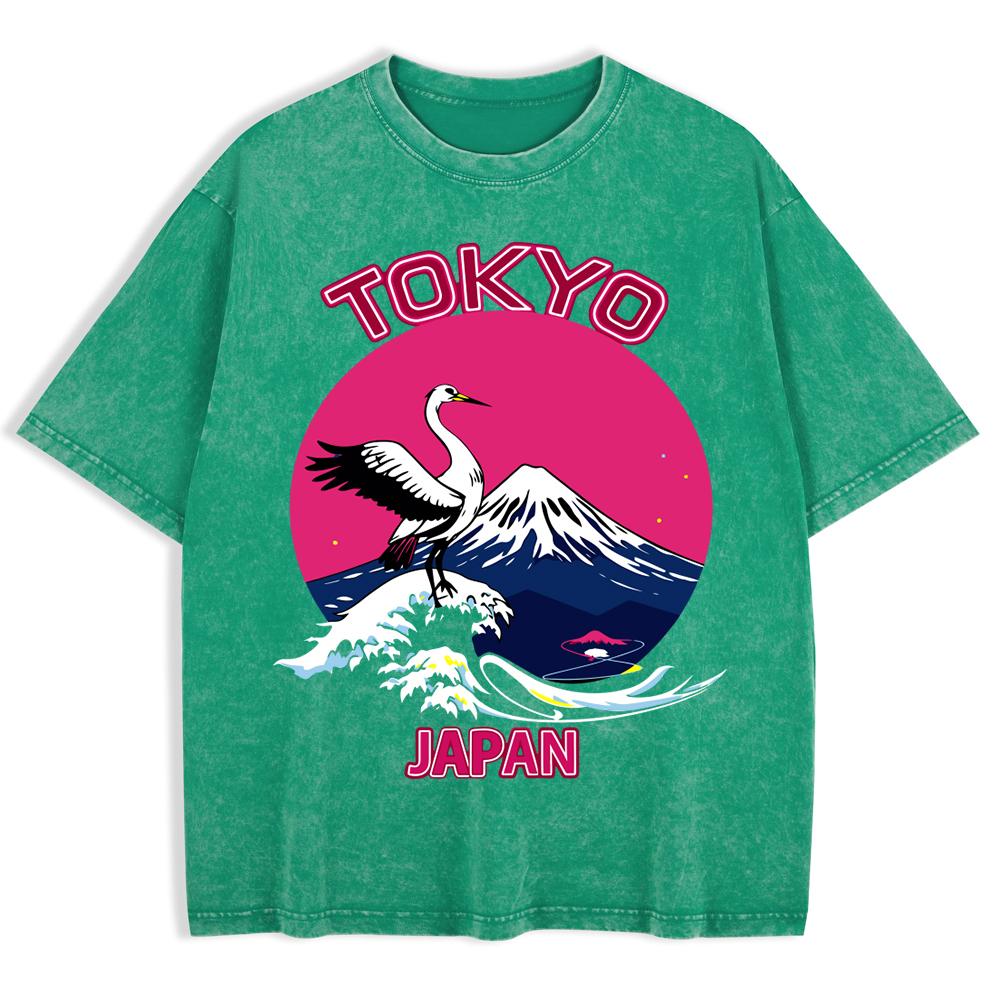 Japan Tokoy Waves Harajuku Washed T-Shirts Mens Cotton Short Sleeve Tops Street O-Neck Oversize T Shirt Clothes