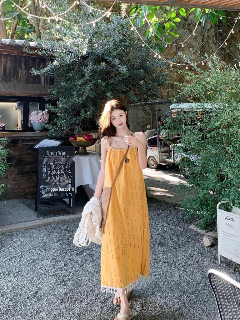Bohemian Korean-Style Tassel Camisole Dress & Layered Lace Cover-Up Set for Women (Summer)