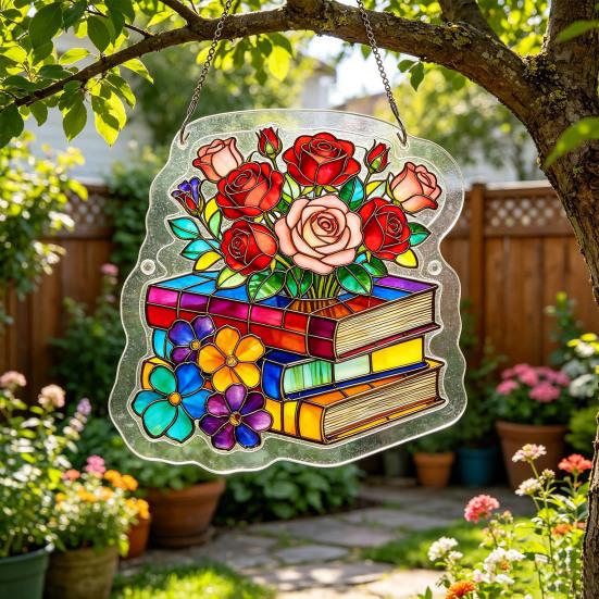 Bookish Acrylic Puzzle Suncatcher, Stained Glass Style Window Hanging Ornament, Hummingbird Floral Book DIY Sun Catcher Kit for Home Decor,