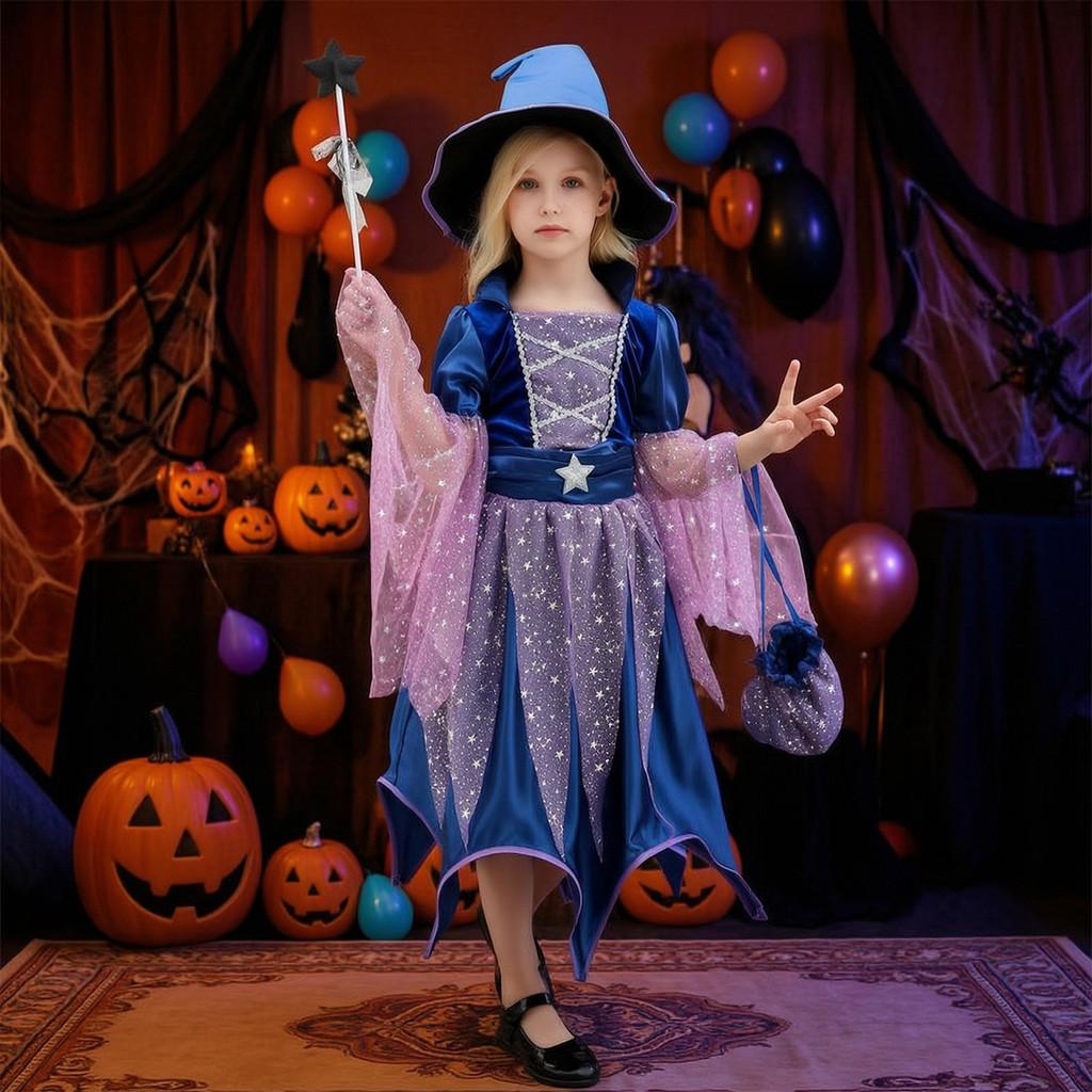 Witch Dress For Girls With Bohemian Style And Candy Bag For Halloween Events