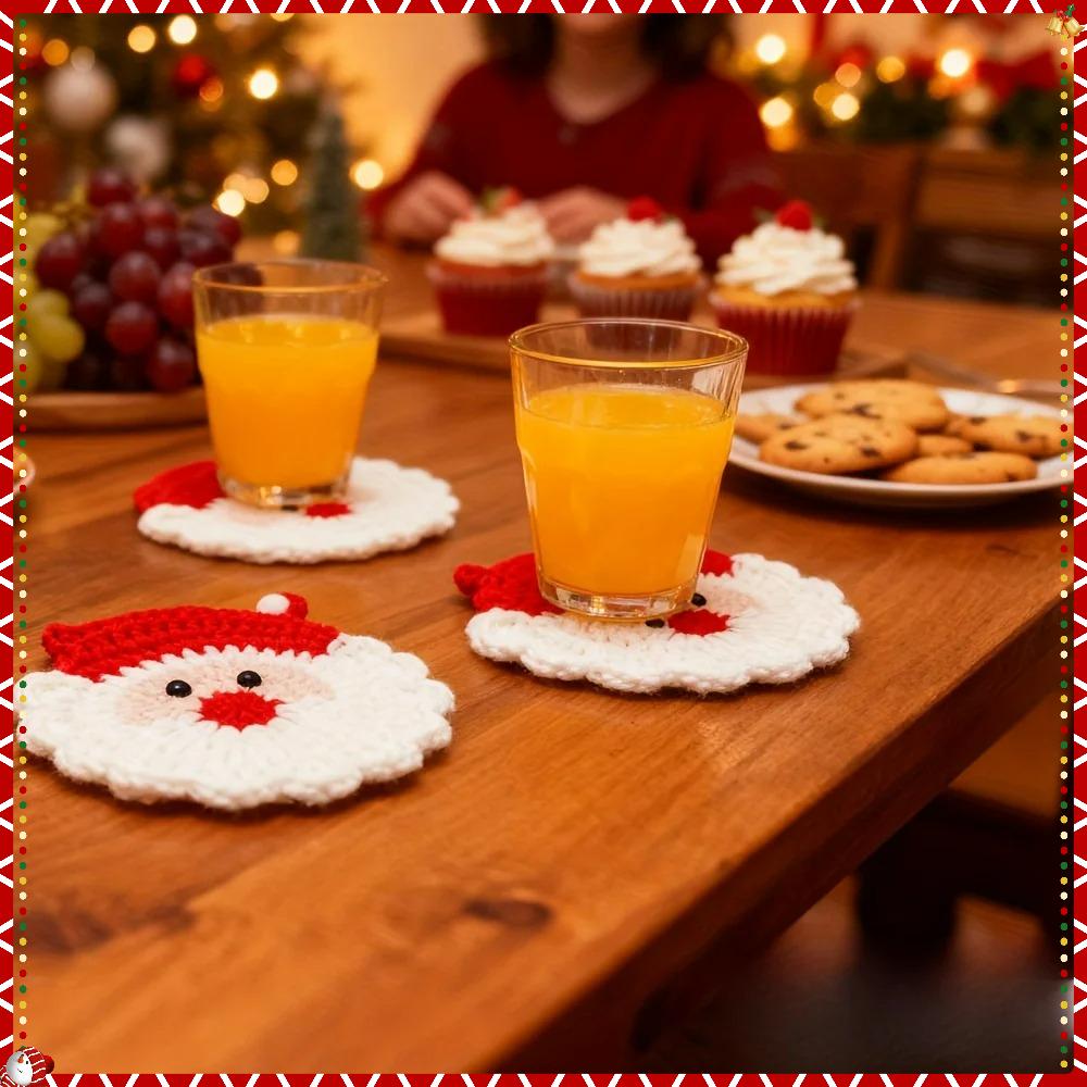 Handmade Crochet Santa Claus Coasters Set Of 4, Durable Fabric Drink Coasters Trays, Festive Table Decor,Unique Christmas Gift
