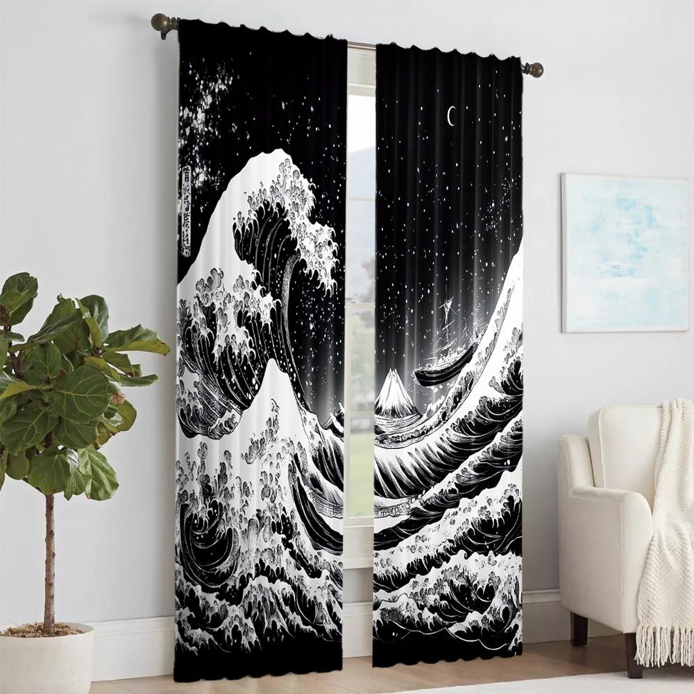 2 Pcs   Versatile Polyester Transparent Curtains for Home Decoration Japanese Wave & Dragon Design for Use In Bedrooms and Living