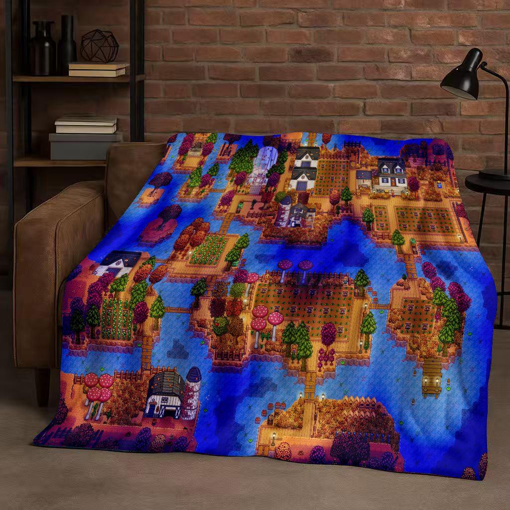 3D Retro Stardew Valley Farm Map Pixel Game Flannel Blanket,Ultra Soft Warm Plush Throw for Home Bedroom Bed Sofa Cover Kid Gift