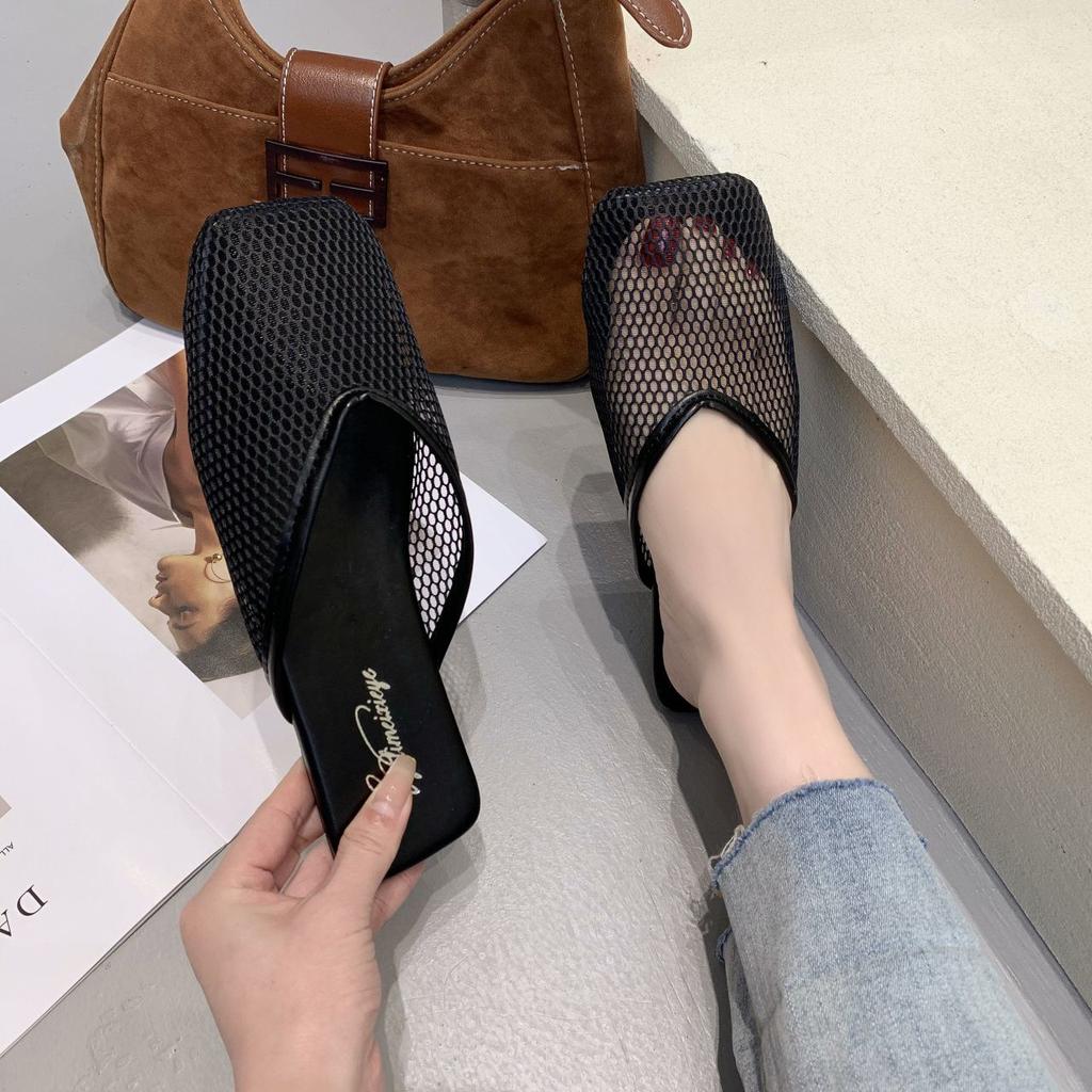 Simple Non-slip Lazy Sandals Korean Version Bag Head Slippers Women's 2025 New Flat-bottomed Fashion Outer Wear Breathable Mesh Shoes