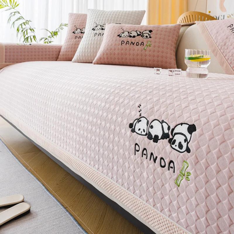 Summer Cool Feeling Sofa Cushion Light Luxury Ice Silk Sofa Cover Cartoon Panda Embroidered Sofa Cushion Living Room Home Decor