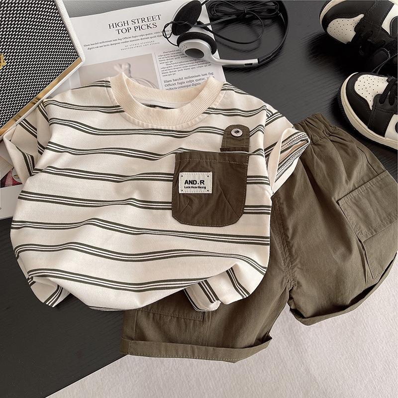 

Детская футболка с коротким рукавом, круглым вырезом и полосатым принтом и набор повседневных шорт, модная одежда, лето, 0-5 лет XXL зелёный