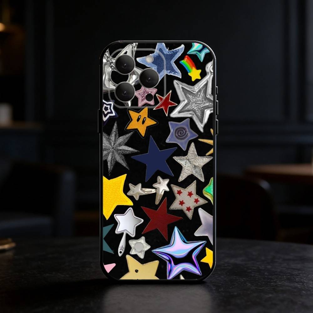 Colorful Star Phone Case For iPhone 17,16,15,14,13,12,11 Plus,Pro Max,SE4Soft Silicone Black Cover