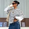 Women Striped Crew Neck Fake Two Piece Loose Long Sleeve Casual Sweatshirt