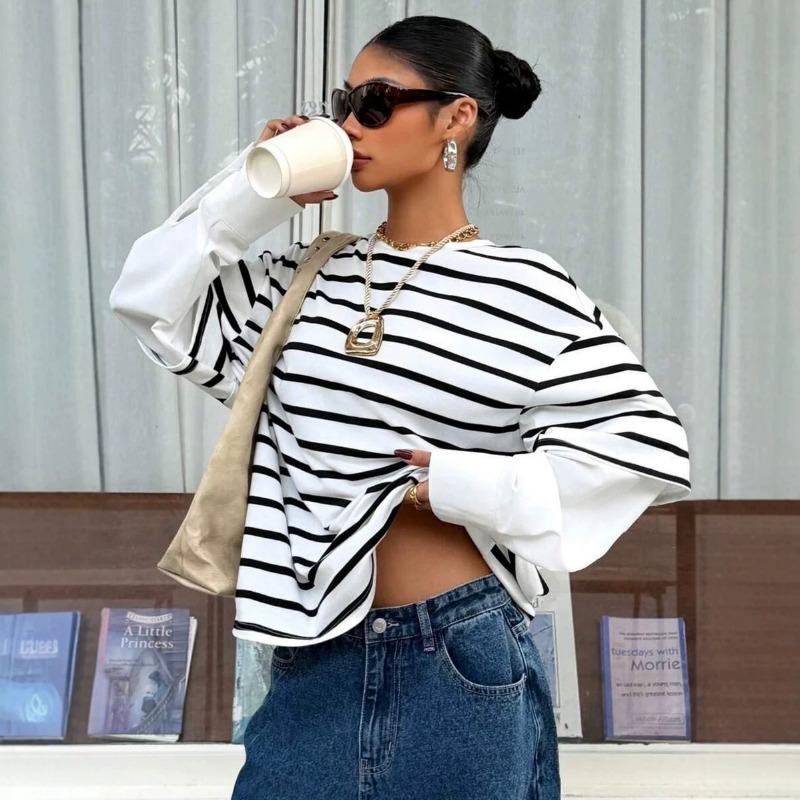 Women Striped Crew Neck Fake Two Piece Loose Long Sleeve Casual Sweatshirt