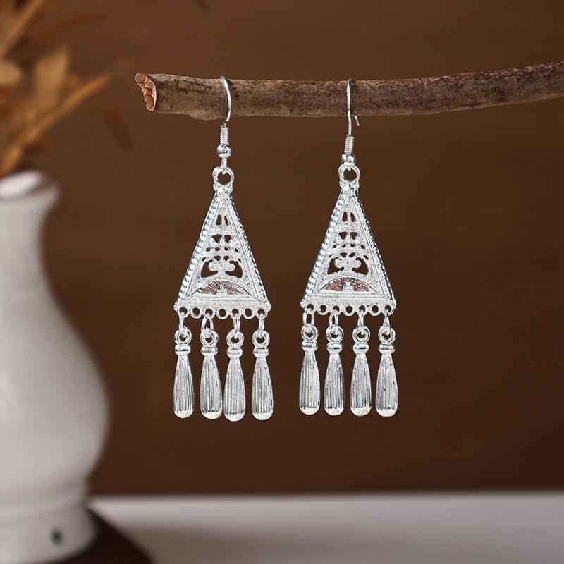 Ethnic Miao Silver Tassel Earrings - Retro Long Dangle Scenic Studs for Women