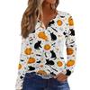 Women's Long Sleeve V-Neck T-Shirt with Button and Halloween Print Casual Top