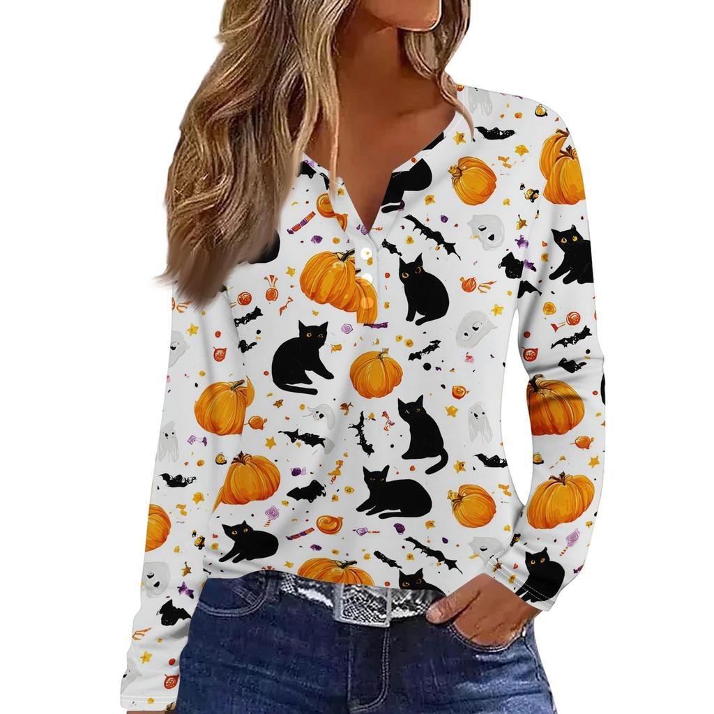Women's Long Sleeve V-Neck T-Shirt with Button and Halloween Print Casual Top