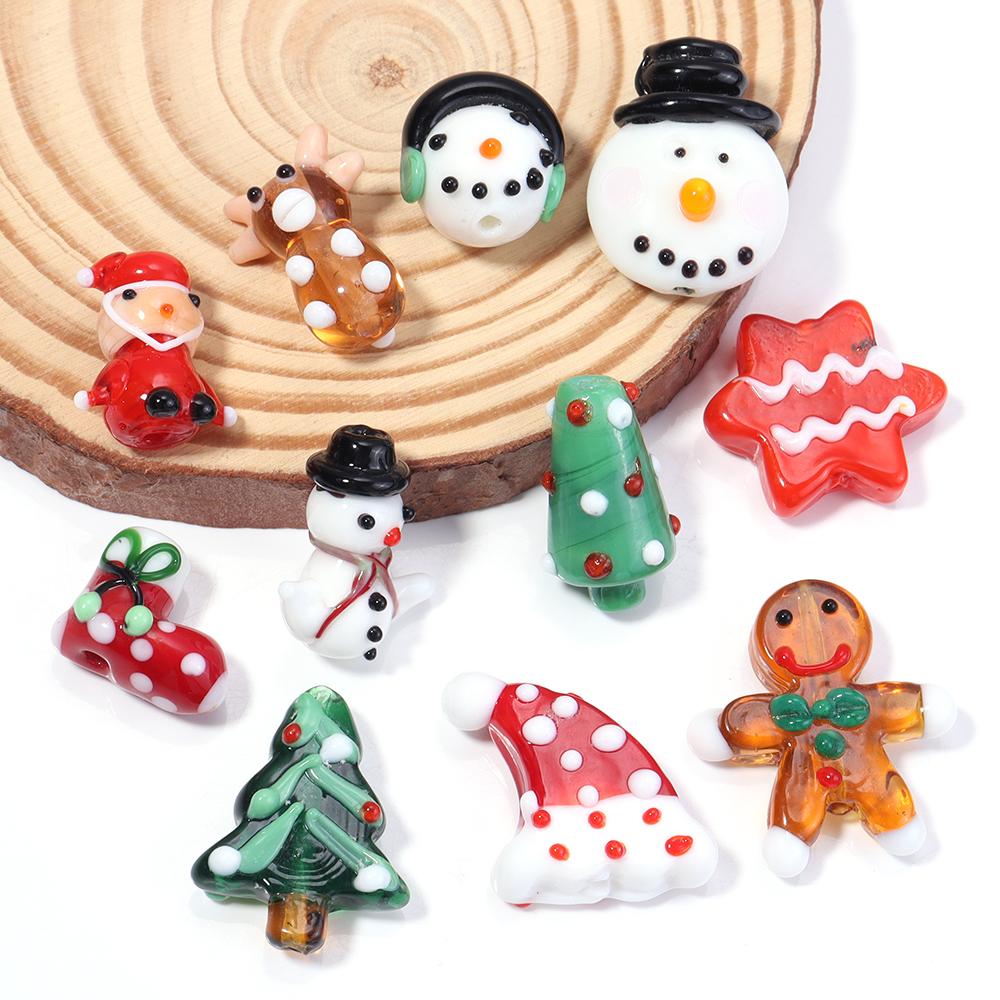 2pcs Christmas Lampwork Beads Cute Santa Claus Snowman Christmas Tree Glass Loose Beads For Jewelry Making DIY Bracelet Supplies
