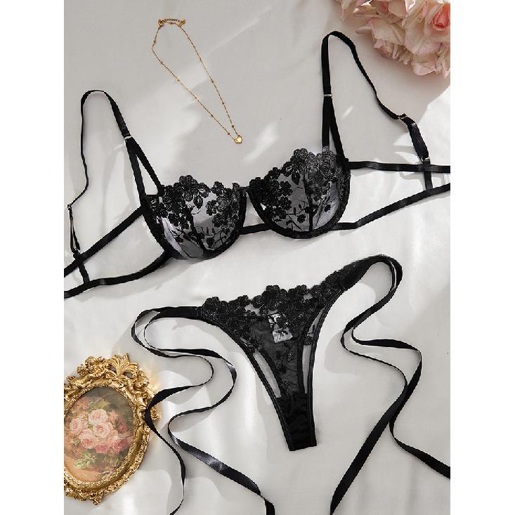 Toucheart 2 Piece Set Embroidery Lingerie Set Women Sheer Bra and Brief Underwear Set Satin Sexy Intimates See-Through Underwear