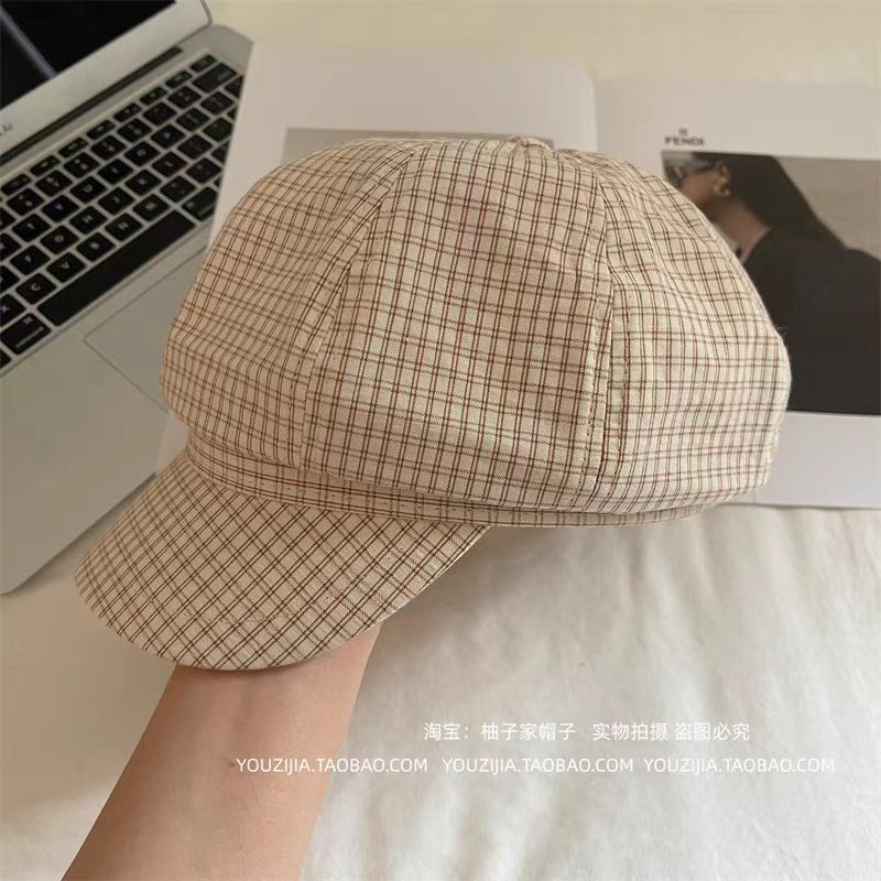 Blue Plaid Korean Octagonal Hat Spring And Summer Thin Versatile Face Ducktongue Beret Casual Hat