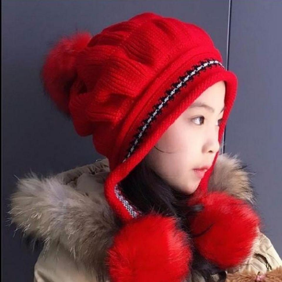 Parent-child children's hats winter cute girls' princess hats autumn and winter fleece warm knitted ear hats wool hats