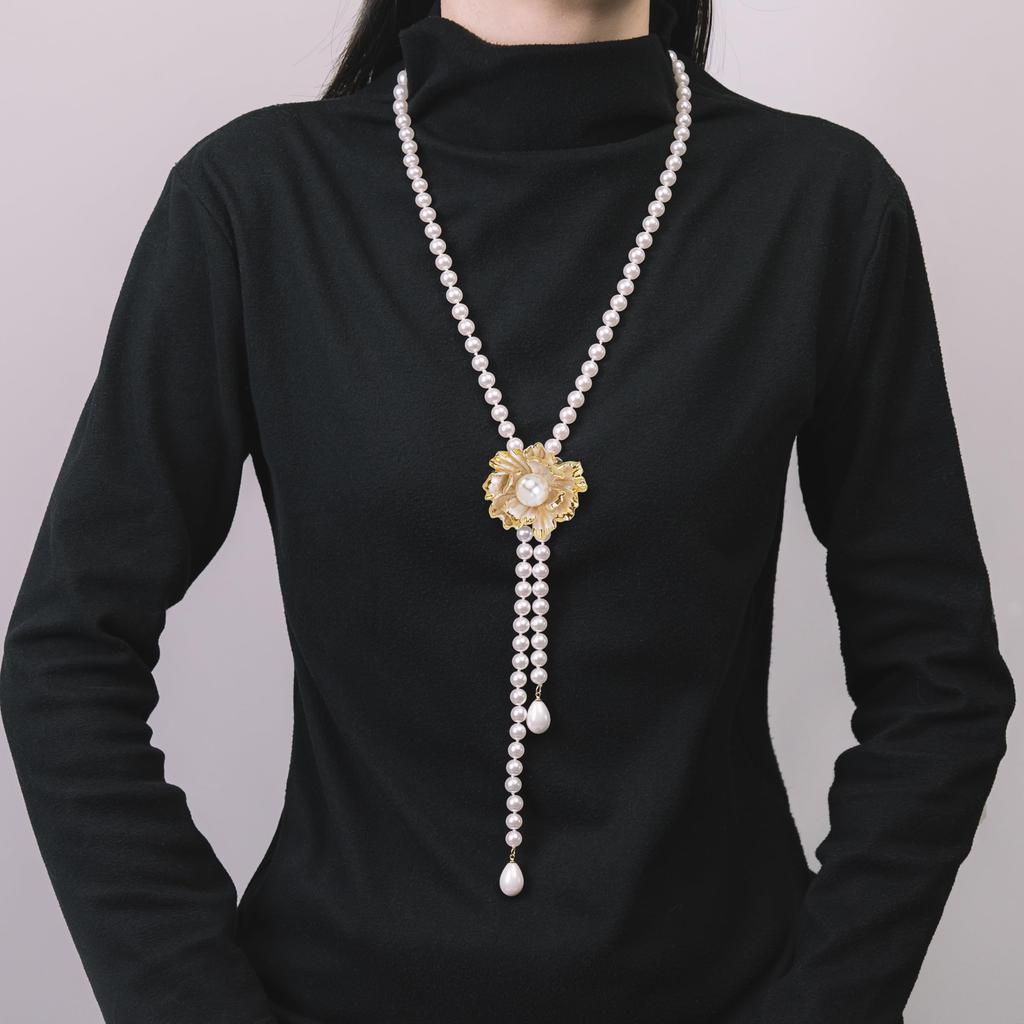Pearl Long Pearl Adjustable Christmas Gift Ways To [Free Bird] Necklace, Necklace, Women's, Pearl, Gold, Peony, Flower, Necklace, Ceremony, Mother's