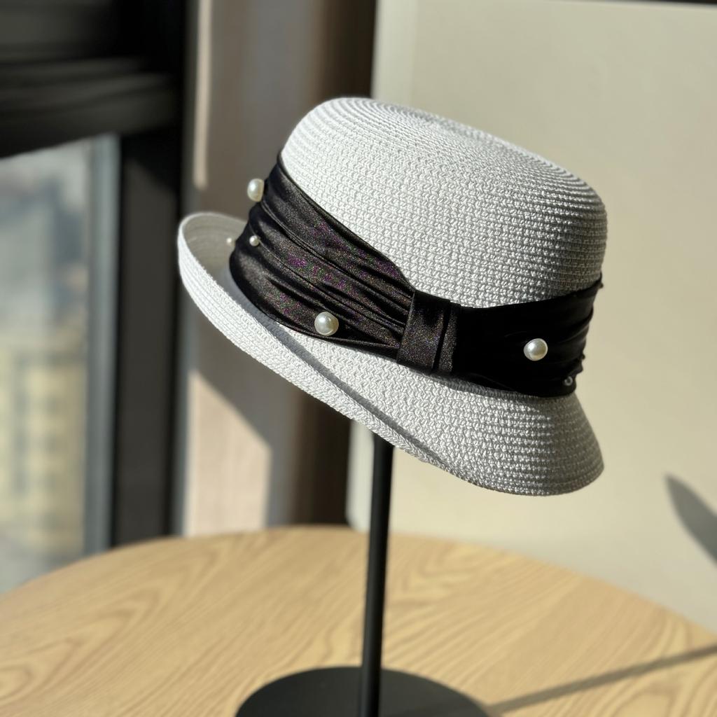 French Pearl Webbing Rolled Up Topper Women's Summer New Beach Seaside Vacation Sun Hat