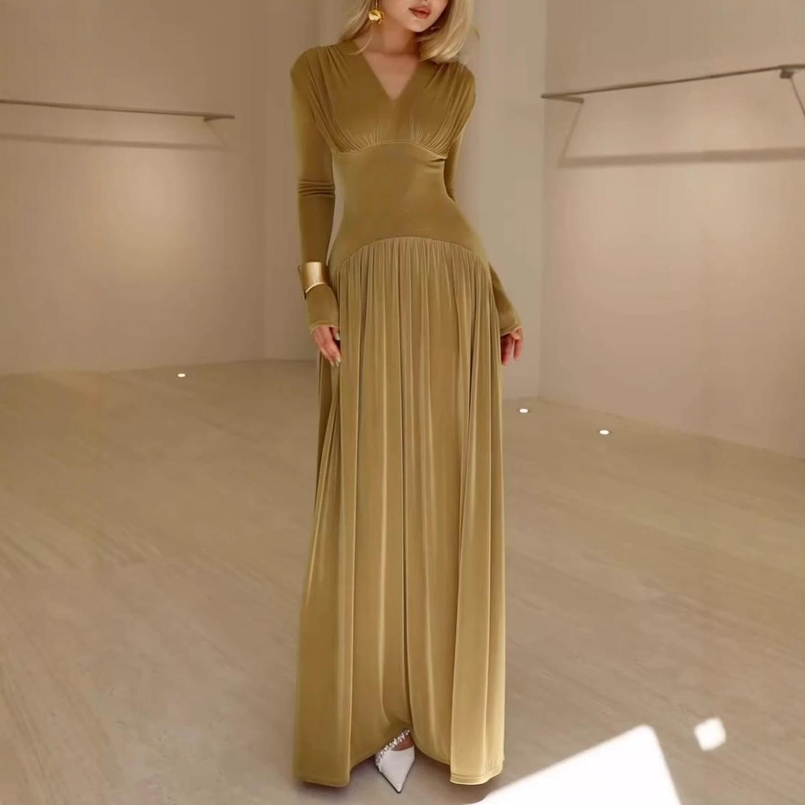 

Women s Elegant Fitted,Waist Long,Sleeve Velvet Dress , L хакі