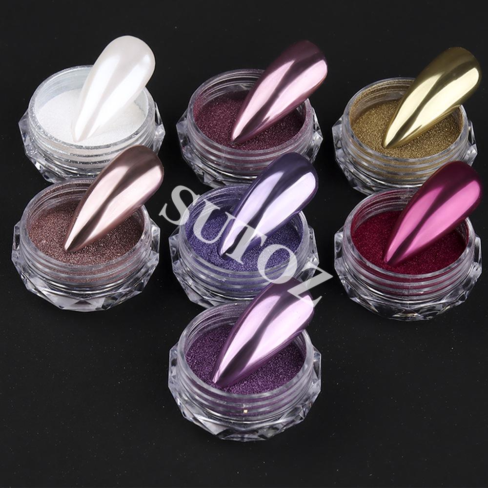 Red 7 Bottles Nail Art Mirror Powder Set - Fine Carving Silver Gloss Iridescent Powder