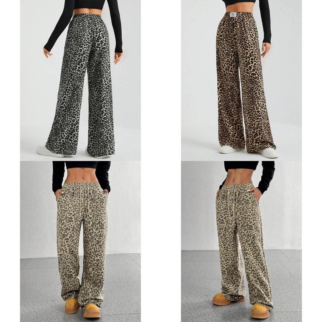 Leopard Print Casual Pants For Women With Polyester Fabric And Loose Fit For Autumn
