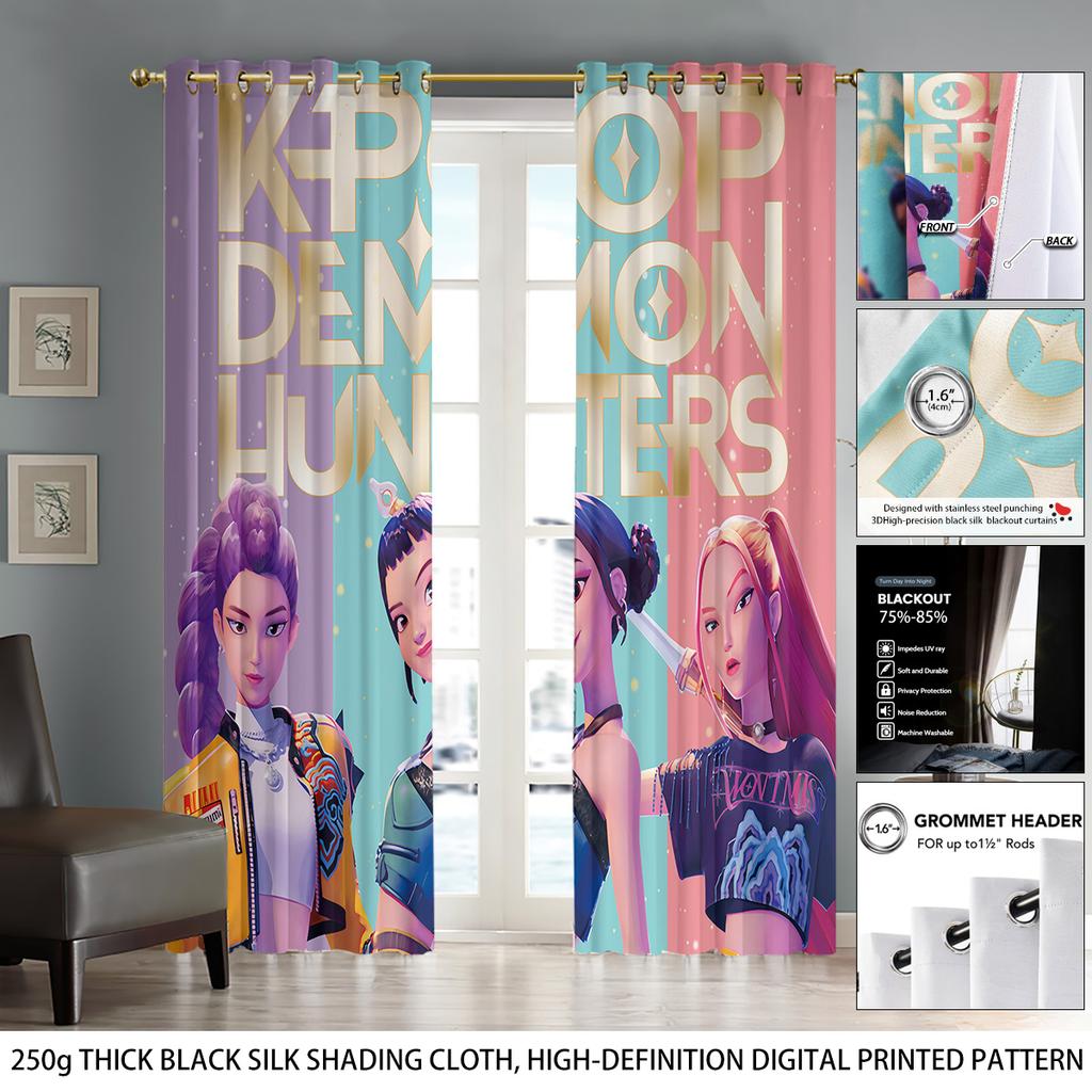 2 ks K-Pop Lovci démonů potisk perforované zatemňovací závěsy více velikostí obývací pokoj izolace dekorace, pratelné v pračce