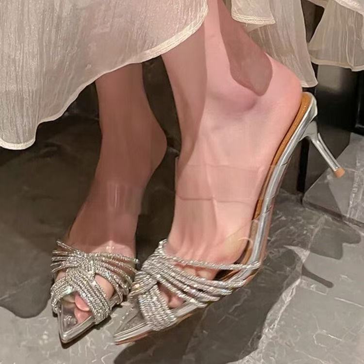 Women High Heeled Sandals 2025 Summer New Clear PVC Sandals Luxury Silver Crystal Pumps Sexy Pointed Toe Banquet Shoes for Women