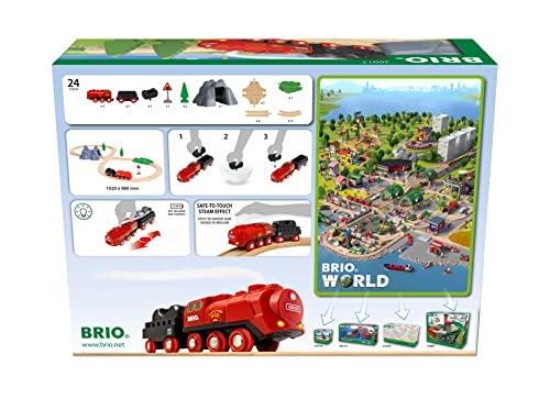 BRIO WORLD Steam Engine Train Set 36017 [24 Pieces] for Ages 3 and Up (Electric Train Toy, Wooden Rails) Red, Green, and Gray