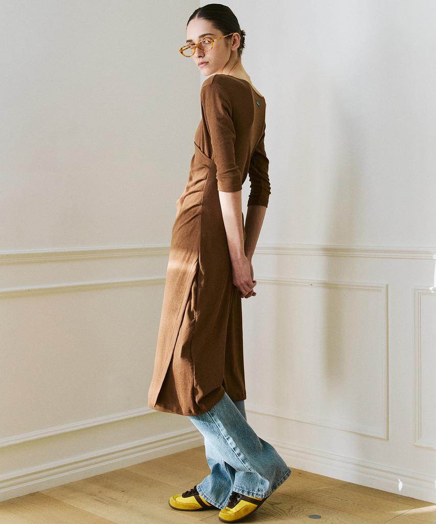 Green Butter Shirring Wrap Dress (Brown)