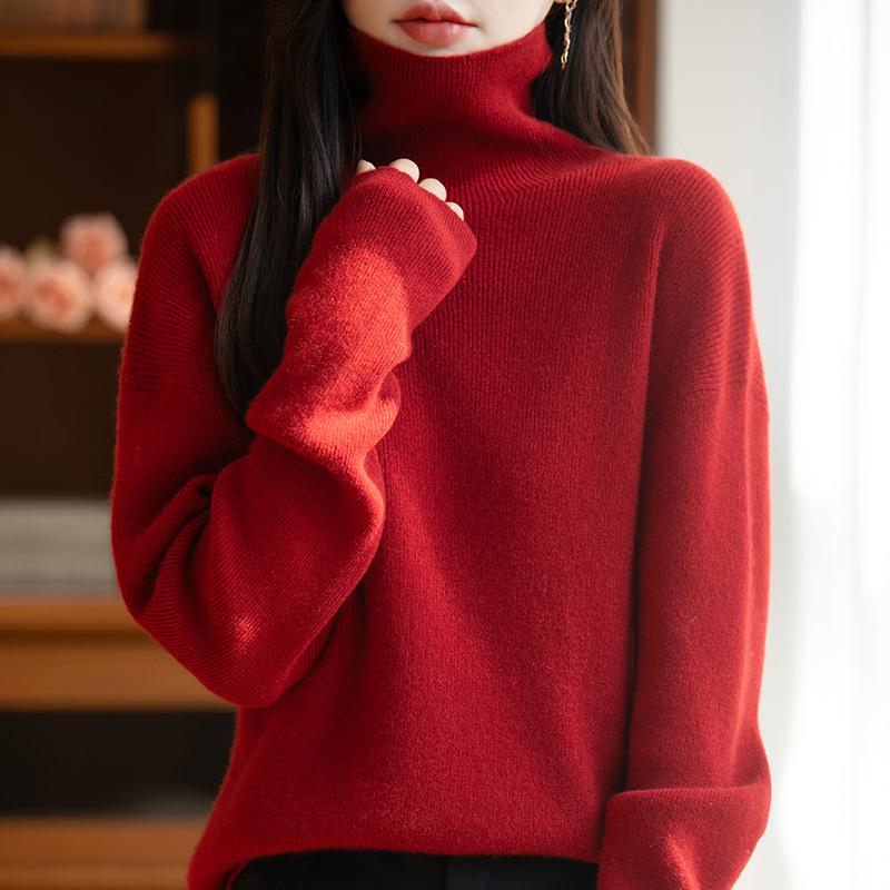 Women's High Neck Ribbed Wool Sweater - Loose Fit Plus Size, Autumn/Winter Knit Base Layer