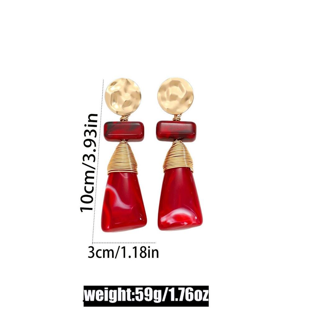 Vintage Red Gradient Resin Geometric Stud Earrings for Women – Three-Dimensional Design