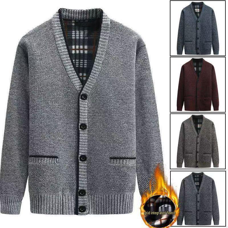 New Winter Casual Velvet Men's Knitted Long Sleeve V-Neck Cardigan Jacket