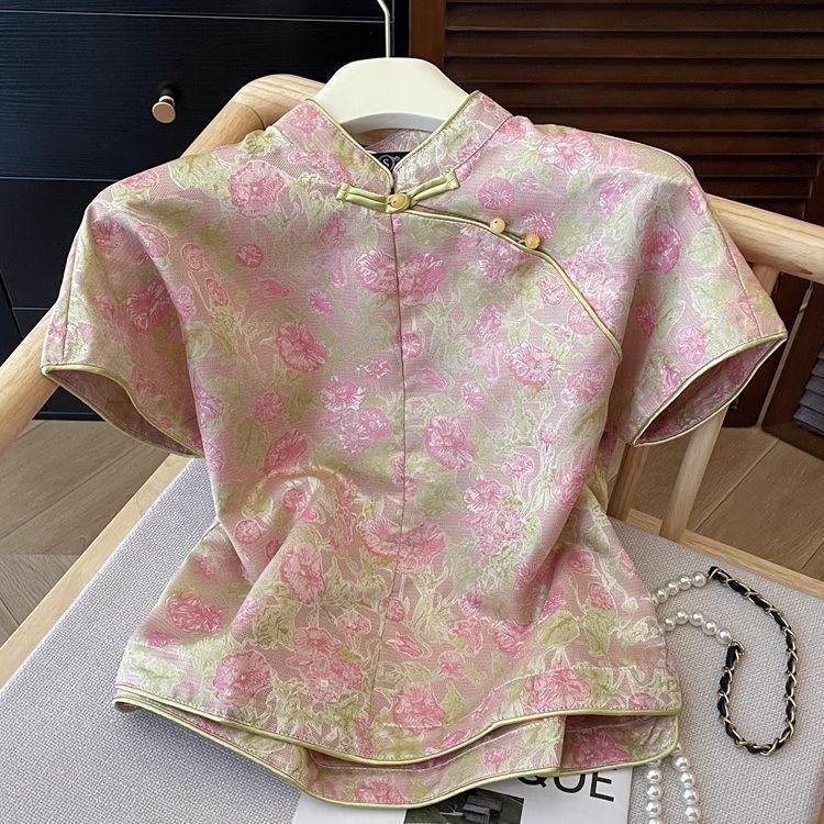 

Летний ретро топ на пуговицах с коротким рукавом, ретро темпераментная тонкая рубашка, универсальная M (under 50kg recommended)