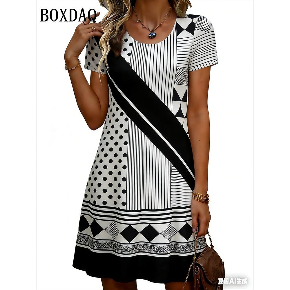 2026 New Fashion Women s Dresses Summer Ethnic O-Neck Loose Dot Striped Short Sleeve Dress Casual Woman s Clothing S