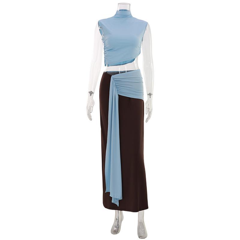 Women's Summer Fashion 2 Piece Outfit Sleeveless Crop Top and Low Waist Skirt Color Block Two Piece Set