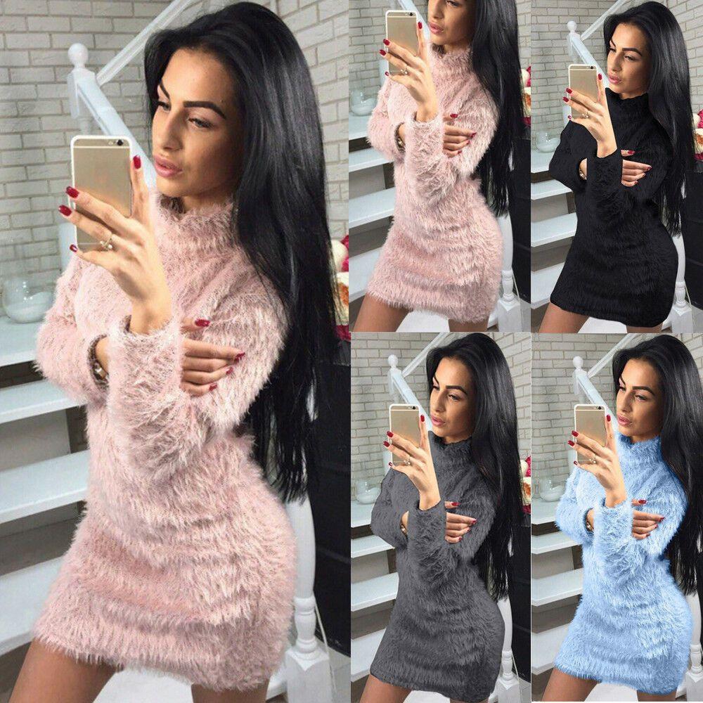 Women Long Winter Sleeve Fluffy Sweater Tops Ladies Party Bodycon Dress Jumper
