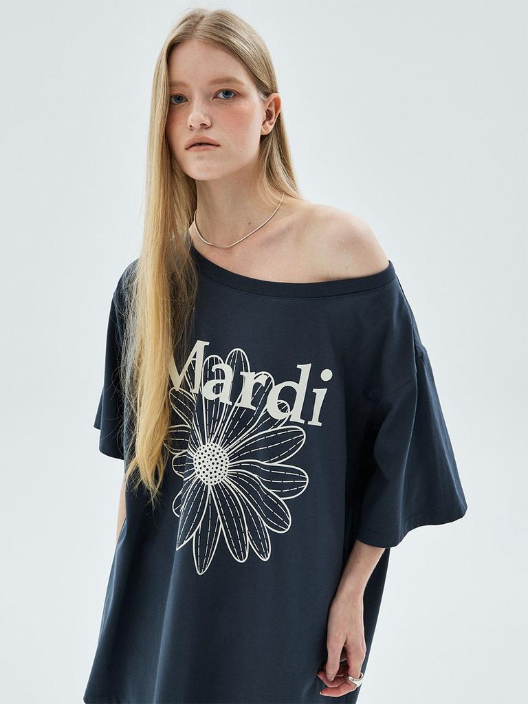 [mardimercredi] Oversized T-shirt Off Shoulder Flower Vintage Navy Beige