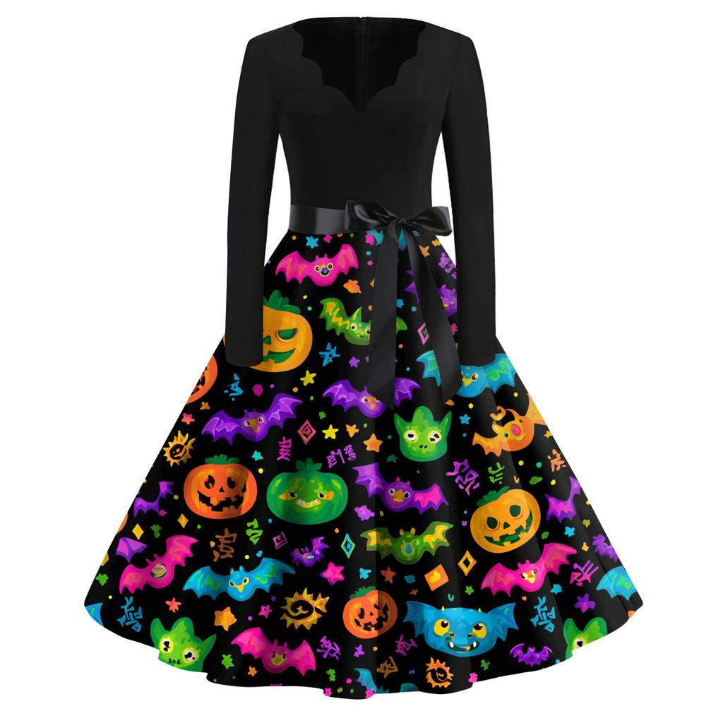 Women's Casual Fashion Halloween Printed V-Neck Vintage Dress