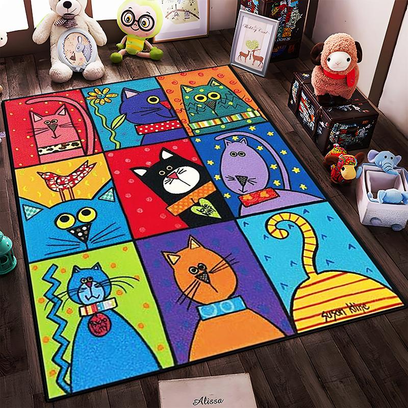 Colorful Artistic Carpet Featuring Whimsical Cats In Vibrant Abstract Patterns Suitable for Use As an Anti-slip for Room and Bedroom Sofas