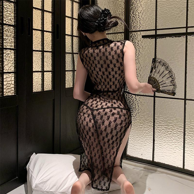Sexy erotic underwear women's classical pure desire style cheongsam see-through milk lace transparent dress temptation free set