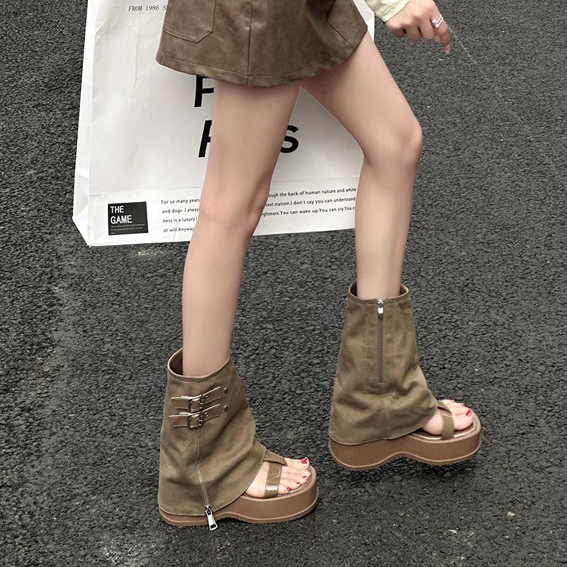 Internet-Berühmtheit Explosionsdesign Sinn Nischenhose Stiefel Zehensandalen Damen Sommer Cowboy Kurzstiefel Dicksohlige Kurzstiefel Einzelstiefel