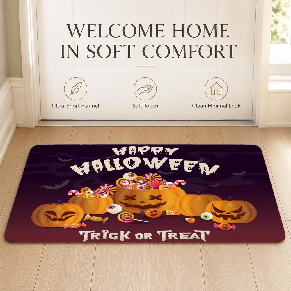 Pretty Happy Halloween Party Floor Mat Cozy Minimalist Flannel Area Rug Anti-Slip Washable Bedroom Living Room Decor