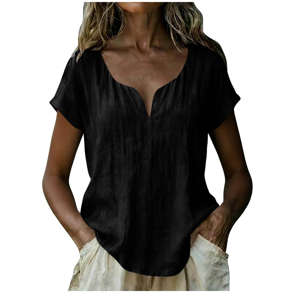 Women's Loose-Fit Fashionable Cotton-Linen -Color V-Neck Casual Top