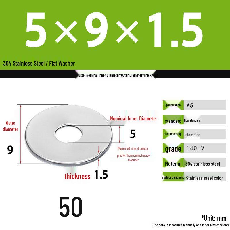 304 Stainless Steel Thickened Flat Washer Set, Sizes 2-36