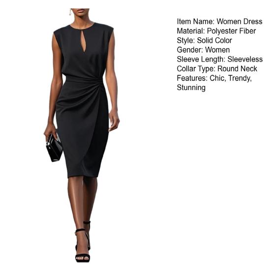 Damen Business Arbeitskleid Rundhals Ärmellos Raffung Bodycon Kleid Sommer Schlankheitsformend Formelles Etuikleid