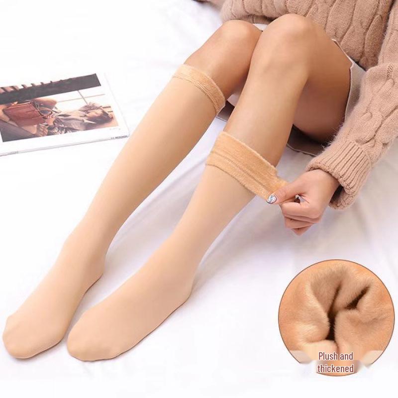 Women's Flesh-Colored Fleece Mid-Calf and Over-the-Knee Socks for Autumn/Winter: Thick, Warm, Wide-Leg, High-Top Snow Socks