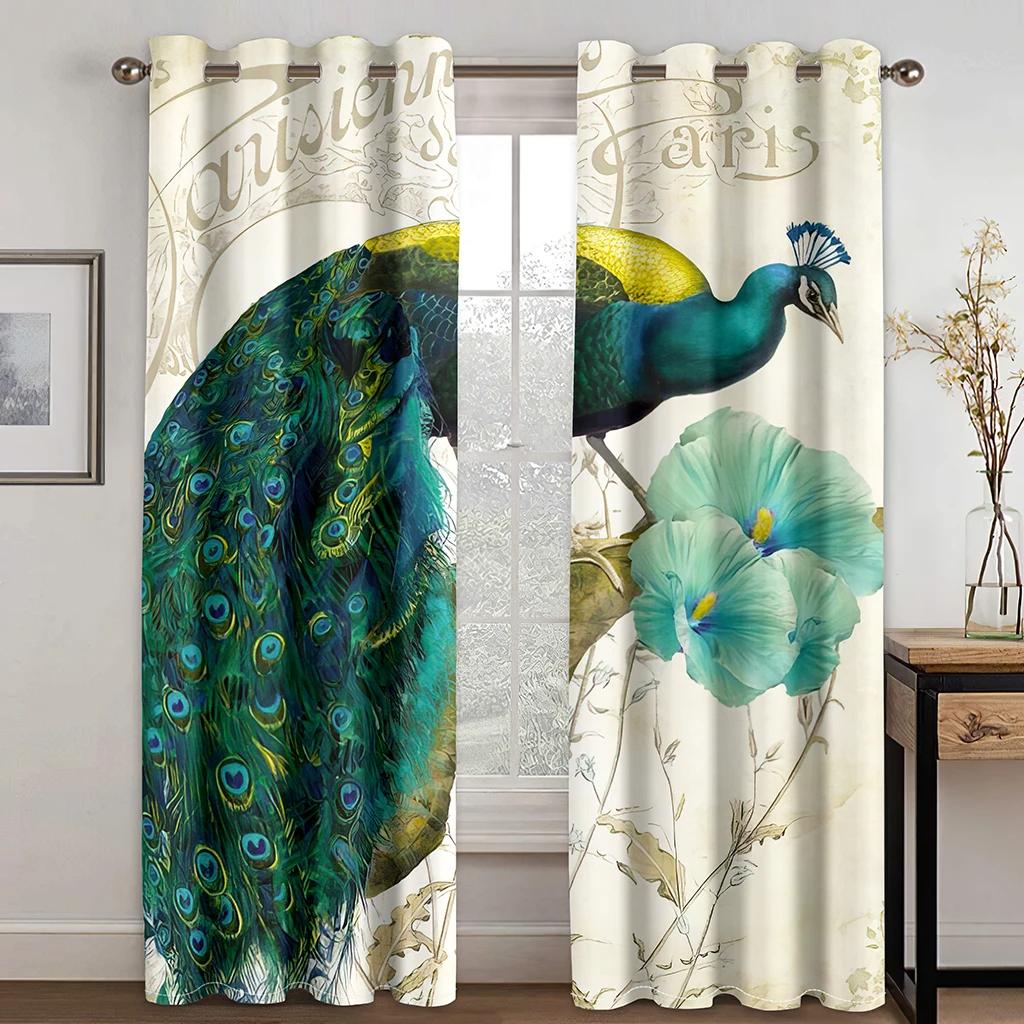 Green Peacock Feather Blackout Curtains Beautiful Watercolor Bird Flower Peony Pattern Livingroom Decor Shading Cloth Drape 2Pcs